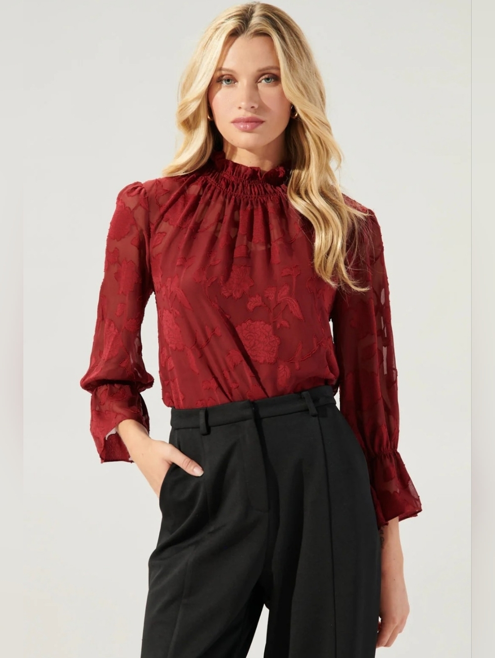 Sugarlips Zola Floral Burnout Mock Neck Ruffle Blouse, Cherry Red, XS, EUC
